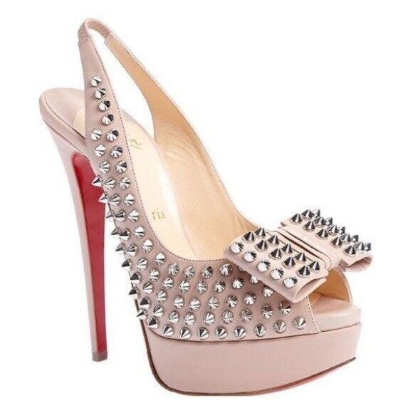 Christian Louboutin Shoes - Louboutin Nude Leather Clou Spikes Studded Designer Platform Slingbacks Pumps 37